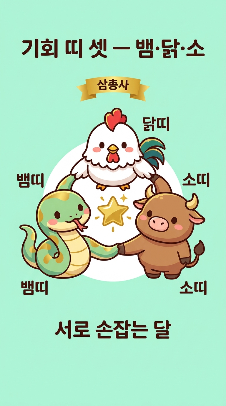 기회 띠 셋 — 뱀·닭·소